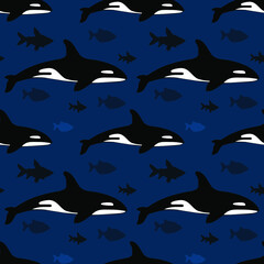 Killer whale and fish on blue background, seamless pattern, texture for fabric design, wallpaper and tile, vector illustration
