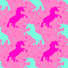 Unicorn blue and pink, abstract background, trendy seamless pattern, texture for fabric design, wallpapers and tiles, vector illustration