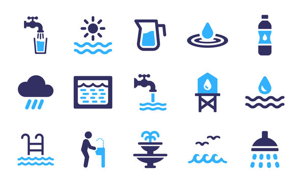 Water icon collection. Containing water supply, rain, drinking water, shower and tap water icon in graphic design.