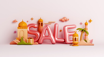 Islamic sale decoration background with mosque, lantern, gift box cartoon style, ramadan kareem, mawlid, iftar, isra  miraj, eid al fitr adha, muharram, copy space, 3D illustration.
