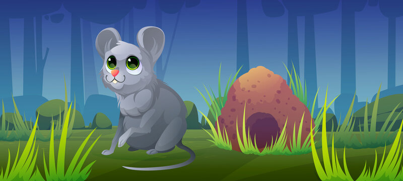 Cartoon mouse sit at burrow in forest. Funny wild rodent animal and its nest at wildlife environment. Vector illustration for kids book or game, zoology children education, fauna character in nature