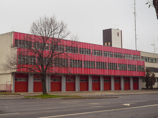 Hajdu-Bihar County Disaster Management Directorate. Professional Fire Department in Debrecen, Hungary. Red facade of modern building