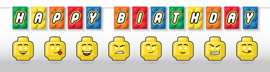 Naklejka premium Brick block toy pattern flags for birthday party decoration and yellow masks showing emotion for kids birthday or costume Lego party. vector illustrations