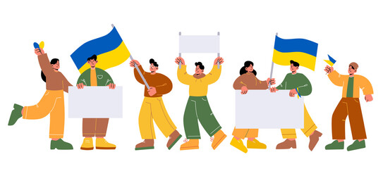 Protest demonstration against war with people holding Ukrainian flags and white banners. Vector flat illustration of group of men and women on demonstration for peace and freedom of Ukraine