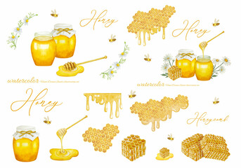 ハチミツの水彩画のイラストセット