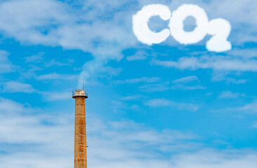 CO2 emissions. CO2 greenhouse gas emissions from factory chimney. Carbon dioxide gas global air...