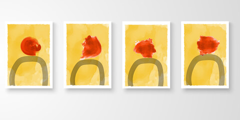 Set of wall art with frames.Modern line art drawing with abstract organic shape composition earth tone. Water color art vector illustration.