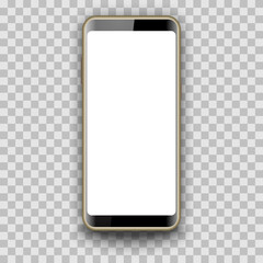 Smartphone white screen display realistic mock up. Isolated mobile phone on transparent background. Template graphic vector illustrator.