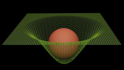 Massive stellar object warps fabric of space. Object curving spacetime. Wireframe grid deformed by sphere. Ball deforms wire mesh. 3d illustration  rendering