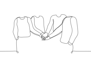 group of people put their hands together - one line drawing vector. concept of team building, association, creation of a unit