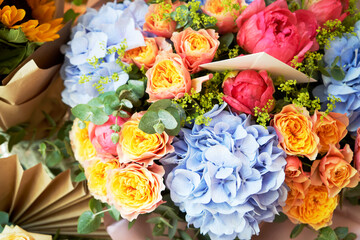 Flowers bouquet background, top view