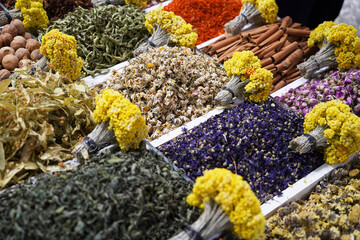 Various spices and herbs background, close-up