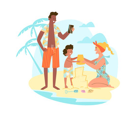 Family holidays scene flat style, mother and kid building sand castle, father make photo