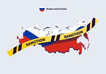vector illustration of a map of Russia with a yellow ribbon sanctions