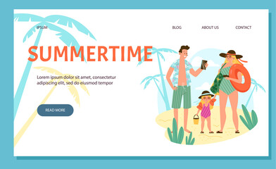 Obraz na płótnie Canvas Summertime family vacation website banner template, flat vector illustration.