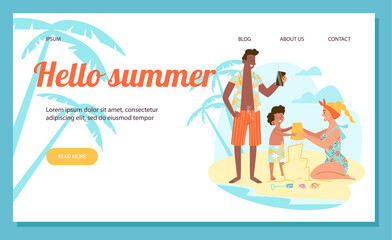 Website banner with family on summer sea vacation, flat vector illustration.