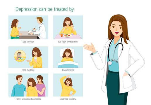 Female Doctor With Infographic Of How To Treat Depression Symptoms By Self