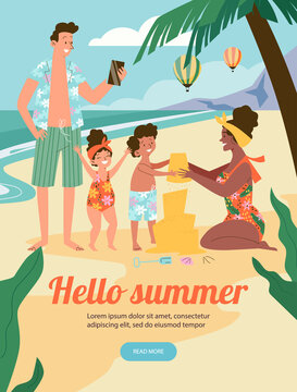 Hello summer poster with family on vacation at sea, flat vector illustration.