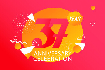 37 year anniversary celebration logotype. anniversary logo with orange and white color isolated on black background, vector design for celebration, invitation card, and greeting card - Vector