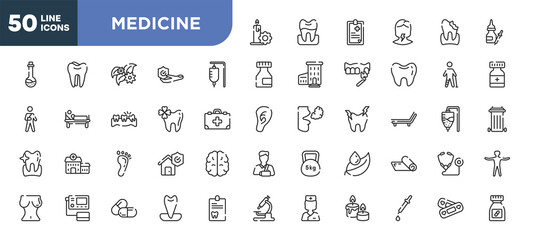 set of 50 outline medicine icons. editable thin line icons such as candle flower, serum bag, trebol, human footprints, blood pressure gauge, large pill, medicine dropper stock vector.