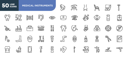 set of 50 outline medical instruments icons. editable thin line icons such as hearing aid, eyesight, dentures, forehead, eye drop, bedpan, drip stock vector.