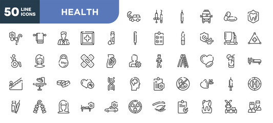 set of 50 outline health icons. editable thin line icons such as car crash, test tube and drop, null, medicine tablets, hand grip, woman dark long hair shape, plaque stock vector.