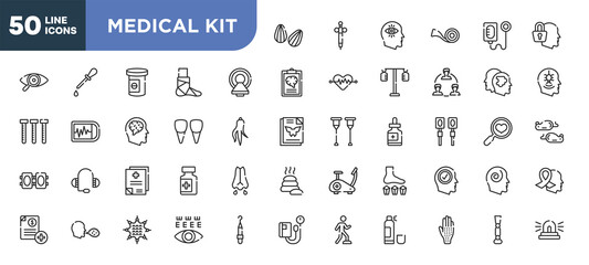 set of 50 outline medical kit icons. editable thin line icons such as almond, magnetic resonance, incisor, medical records, cough, massage ball, allergic stock vector.
