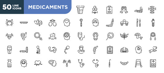 set of 50 outline medicaments icons. editable thin line icons such as urine test, mental health, sick boy, injury, peace of mind, ecg, dentist mask stock vector.