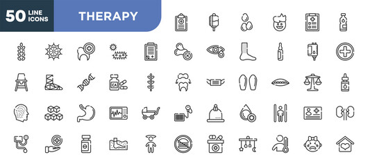 set of 50 outline therapy icons. editable thin line icons such as health report, admision form, calcium, stoh, medical service, sleeping pills, fever stock vector.