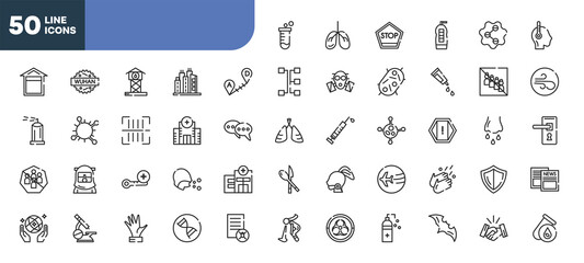 set of 50 outline icons. editable thin line icons such as test tube, long distance, hospital, high temperature, microscope, hand, bat stock vector.