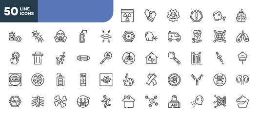 Fototapeta na wymiar set of 50 outline icons. editable thin line icons such as hazmat, myaia, sterile mask, hand soap, e coli, bone, sneezing stock vector.
