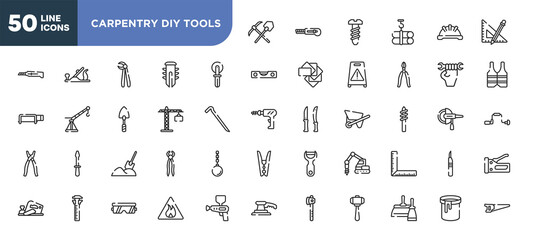 set of 50 outline carpentry diy tools icons. editable thin line icons such as mine, knife for pizza, null, digging, sliding scale, protection glasses, two spatulas stock vector.