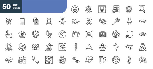 set of 50 outline icons. editable thin line icons such as death, mosquito, medicine, people, tissue, stethoscope, antibacterial stock vector.