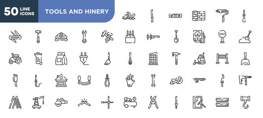 set of 50 outline tools and hinery icons. editable thin line icons such as tipper truck, construction tools, electrical plug, lodge, small crane, electric saw, window cleaner stock vector.