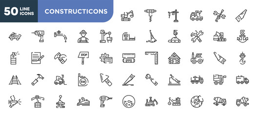 set of 50 outline constructicons icons. editable thin line icons such as digger, big derrick with boxes, stop hand drawn, null, derrick with load, derrick with pallet, disc brake stock vector.