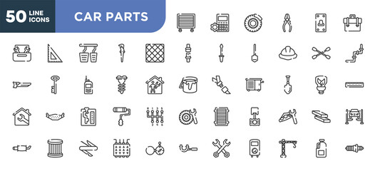 set of 50 outline car parts icons. editable thin line icons such as garage wrench, tile, screw, automatic transmission, oil filter, swiss knife, lifter stock vector.