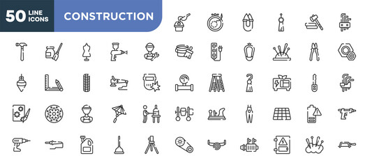 set of 50 outline construction icons. editable thin line icons such as crucible, plumber, polisher, electrician service, soldering, engine oil, electrical panel stock vector.