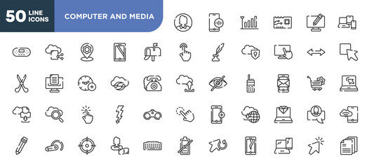 Fototapeta na wymiar set of 50 outline computer and media icons. editable thin line icons such as user inside circle, , clouds data synchronization, hand cursor, head ear hook, weapon crosshair, tablet and laptop stock
