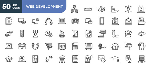 set of 50 outline web development icons. editable thin line icons such as lan, binary code, burn cd, sata, internet security, , graduation cap stock vector.