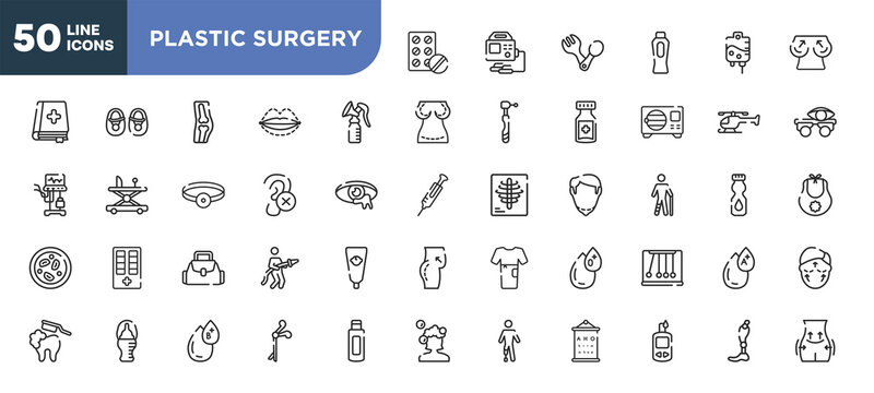 set of 50 outline plastic surgery icons. editable thin line icons such as antibiotic, breast pump, impaired, baby bag, baby bottle, type b, glucometer stock vector.
