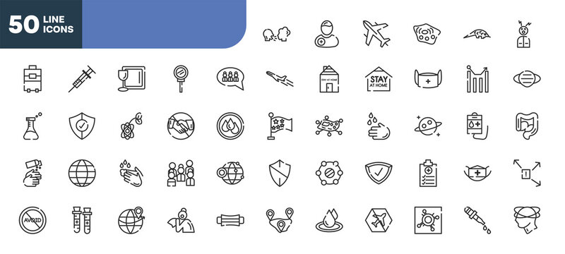 set of 50 outline icons. editable thin line icons such as virus transmission, group, no handshake, hand wash, blood sample, worldwide, pandemic stock vector.