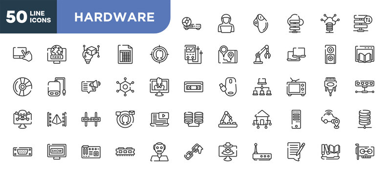 Set Of 50 Outline Hardware Icons. Editable Thin Line Icons Such As Woofers, Target Audience, Nanotechnology, Wall Bracket, Tv Show, Motherboard, Blogging Stock Vector.