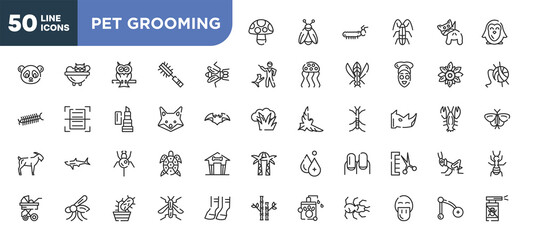 set of 50 outline pet grooming icons. editable thin line icons such as mushroom, gadfly, fox, spider, mosquito, cactus, platypus stock vector.