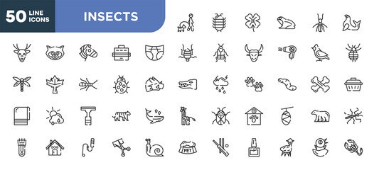 set of 50 outline insects icons. editable thin line icons such as walking the dog, diapers, ladybug, null, dog house, teasing stick, alpaca stock vector.