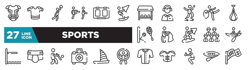 Fototapeta premium set of sports icons in outline style. thin line web icons such as chest guard, kitesurf, powerbocking, bullfight, jockstrap, catamaran, canoeing editable vector.