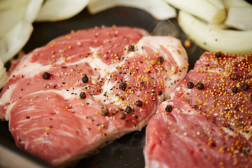 Meat seasoned in a cast iron pan