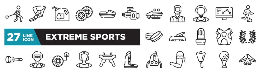 set of extreme sports icons in outline style. thin line web icons such as hammer throwing, horsepower, waterpolo player, fitness step, skydiver, pommel horse, tee editable vector.
