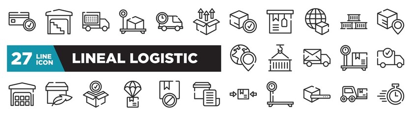 set of lineal logistic icons in outline style. thin line web icons such as card check, unpacking, worldwide delivery, use hook, light weight, prohibited, trolley truck editable vector.