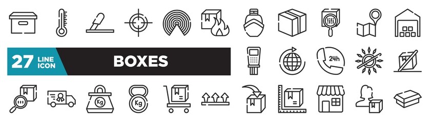 set of boxes icons in outline style. thin line web icons such as cardboard box with lid, flammable box, scan package, distribution, charter, delivery cart, delivery woman editable vector.