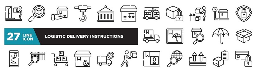 set of logistic delivery instructions icons in outline style. thin line web icons such as on door delivery, side down, lift up, box, barcode scan, truck delay, delivery clipboard editable vector.